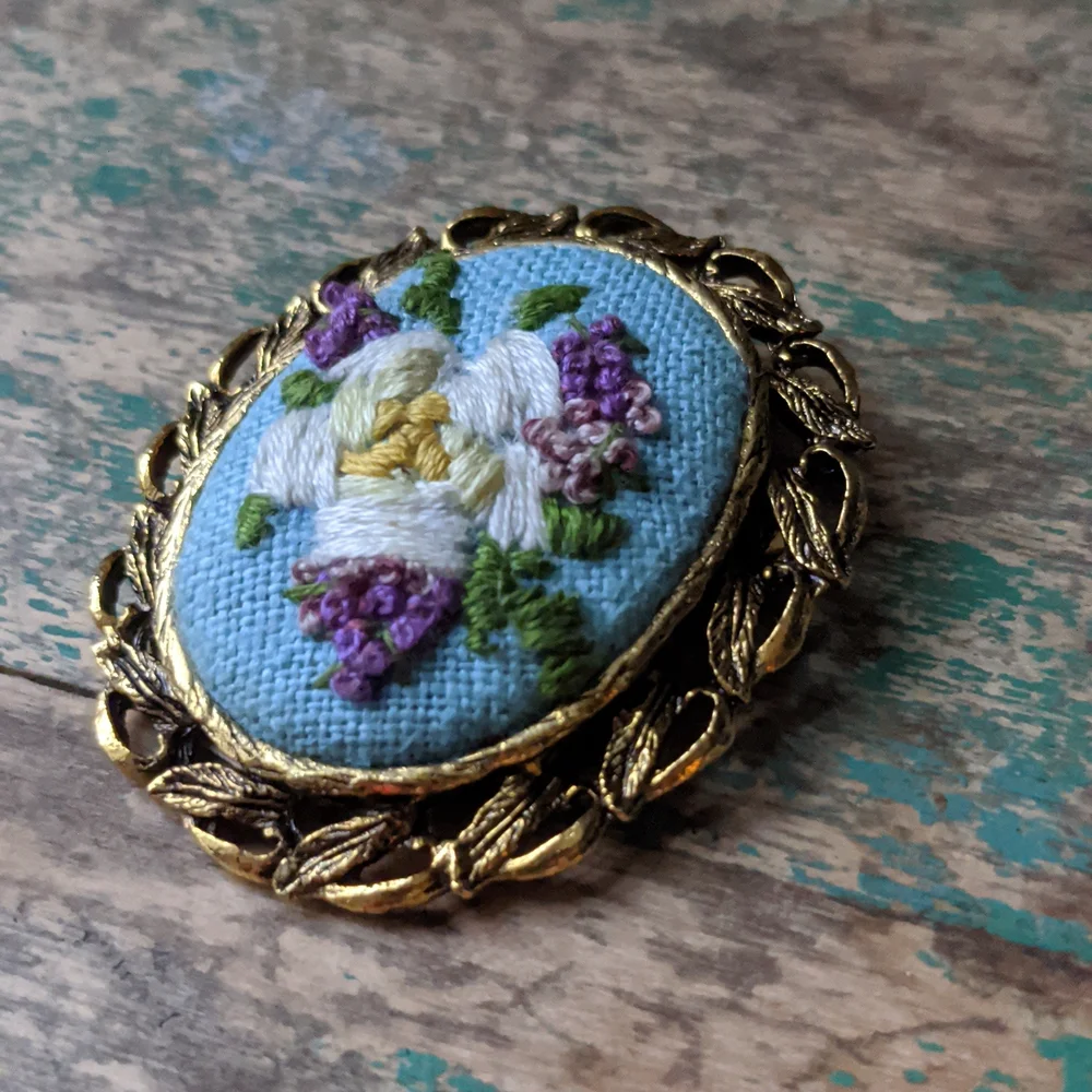Vintage Embroidered Linen Flower Gold  Framed Coquette Brooch Pin Pendant